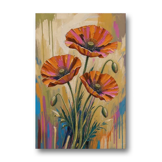 Three Retro Poppies in a Warm Breeze - Canvas Wall Art - Front