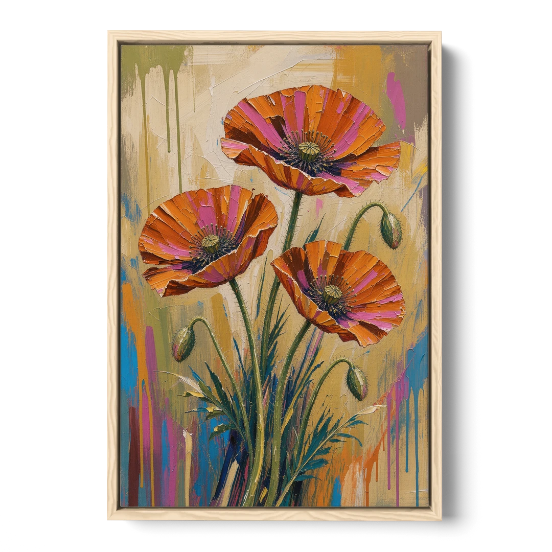 Three Retro Poppies in a Warm Breeze - Oak Framed Canvas Wall Art - Front