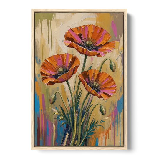 Three Retro Poppies in a Warm Breeze - Oak Framed Canvas Wall Art - Front
