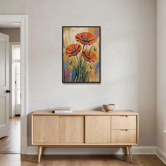 Three Retro Poppies in a Warm Breeze - Black Framed Canvas Wall Art - Coffee Table - 24x36