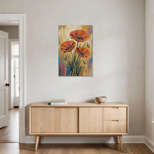 Three Retro Poppies in a Warm Breeze - Canvas Wall Art - Coffee Table - 24x36
