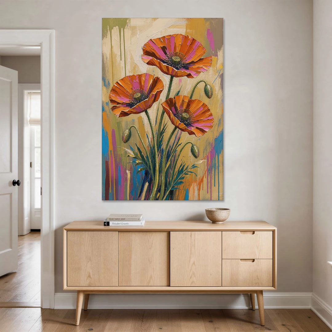 Three Retro Poppies in a Warm Breeze - Canvas Wall Art - Coffee Table - 40x60