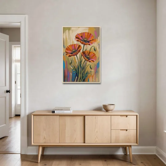 Three Retro Poppies in a Warm Breeze - Oak Framed Canvas Wall Art - Coffee Table - 24x36