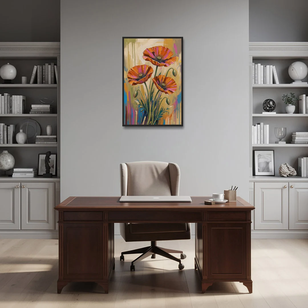 Three Retro Poppies in a Warm Breeze - Black Framed Canvas Wall Art - Office - 24x36
