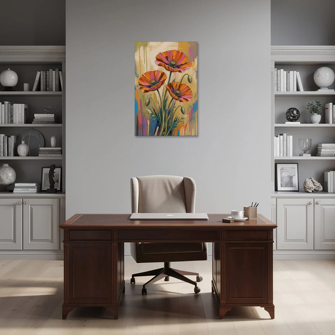 Three Retro Poppies in a Warm Breeze - Canvas Wall Art - Office - 24x36