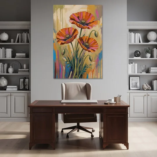Three Retro Poppies in a Warm Breeze - Canvas Wall Art - Office - 40x60