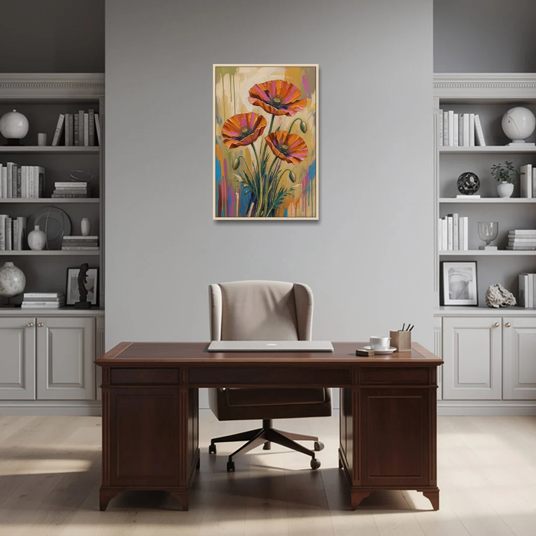 Three Retro Poppies in a Warm Breeze - Oak Framed Canvas Wall Art - Office - 24x36