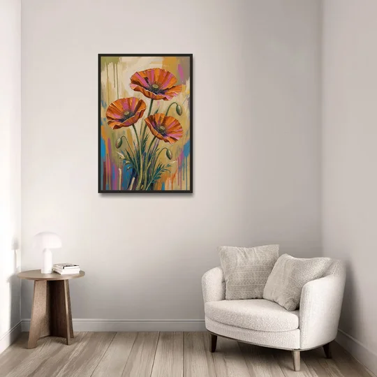 Three Retro Poppies in a Warm Breeze - Black Framed Canvas Wall Art - Sofa - 24x36