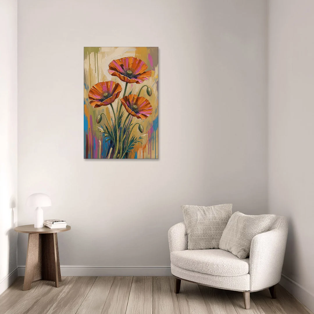 Three Retro Poppies in a Warm Breeze - Canvas Wall Art - Sofa - 24x36