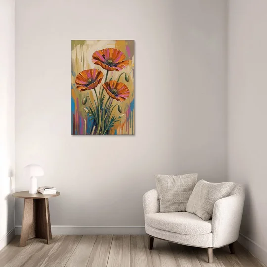 Three Retro Poppies in a Warm Breeze - Canvas Wall Art - Sofa - 24x36