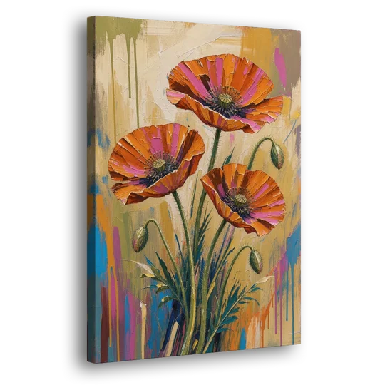 Three Retro Poppies in a Warm Breeze - Canvas Wall Art - Side
