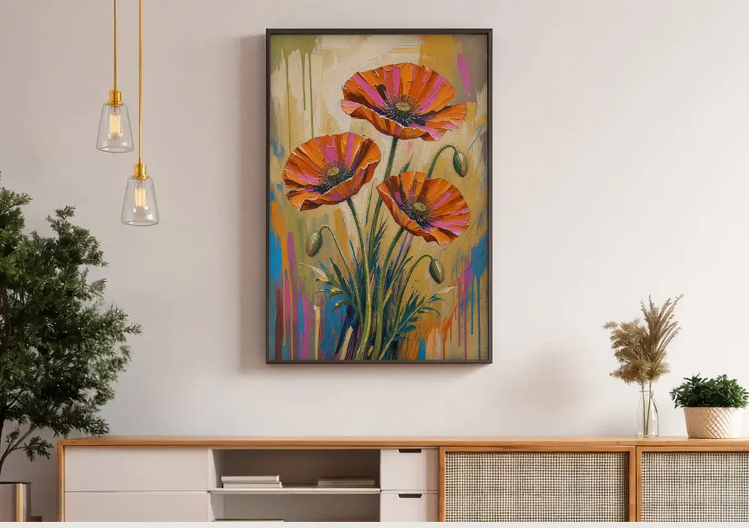 Three Retro Poppies in a Warm Breeze canvas wall art above a wooden sideboard under pendant lights