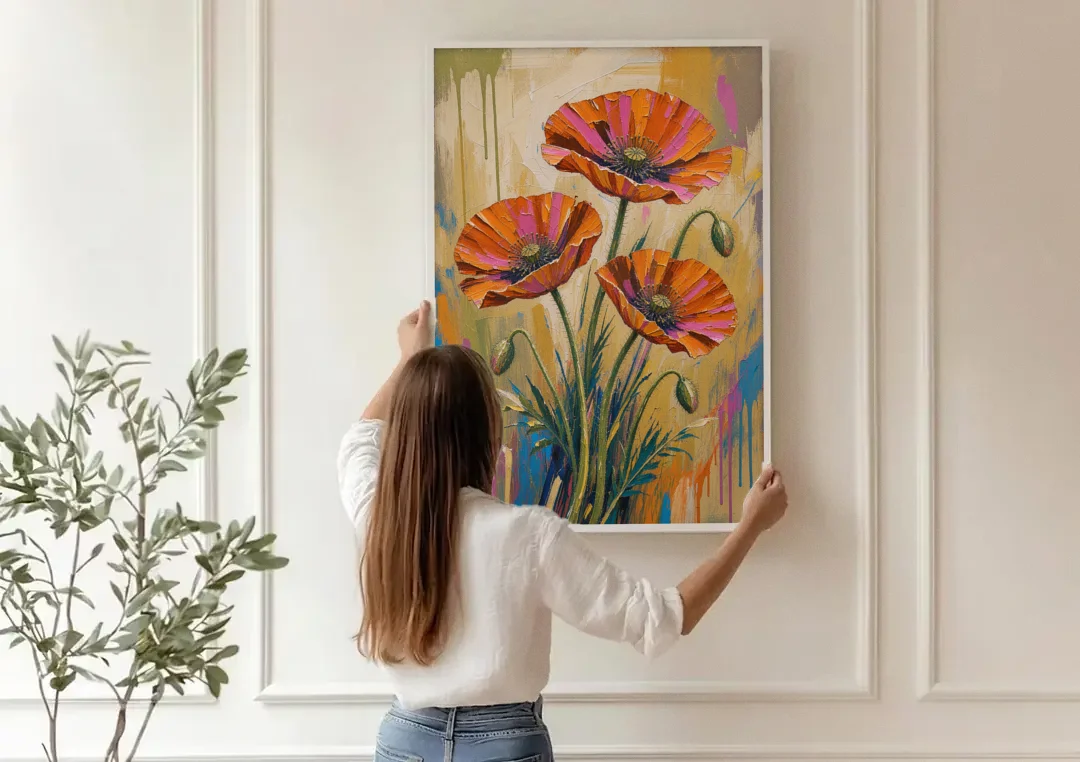 Three Retro Poppies in a Warm Breeze canvas wall art being hung on a paneled wall