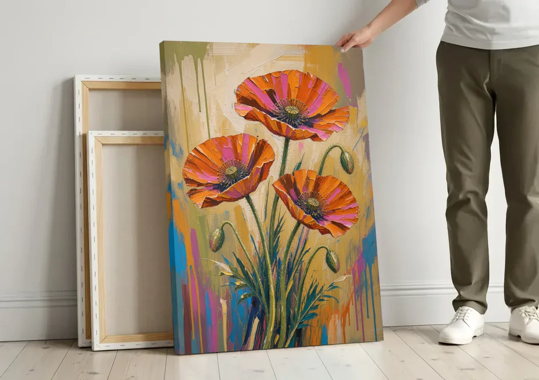 Three Retro Poppies in a Warm Breeze canvas wall art leaning against a wall next to blank canvases