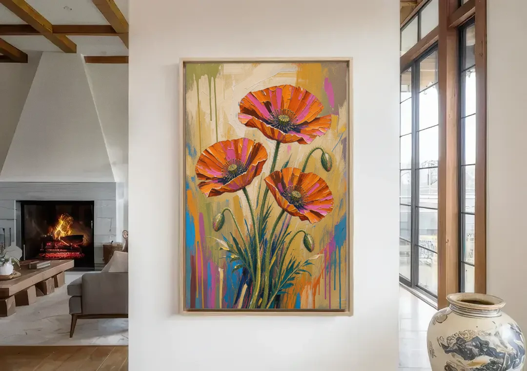 Three Retro Poppies in a Warm Breeze canvas wall art in a living room with a fireplace