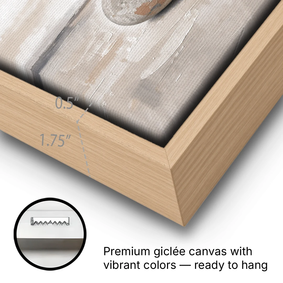 Three Stacked Stones on Pale Dusk Ground - Oak Framed Canvas Wall Art - Gallery Wrap Corner