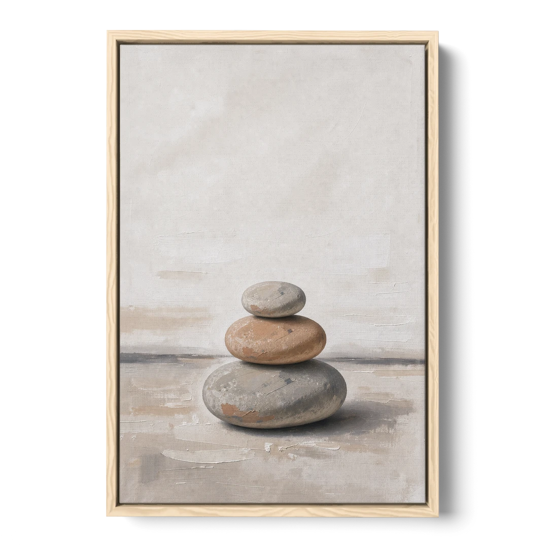 Three Stacked Stones on Pale Dusk Ground - Oak Framed Canvas Wall Art - Front