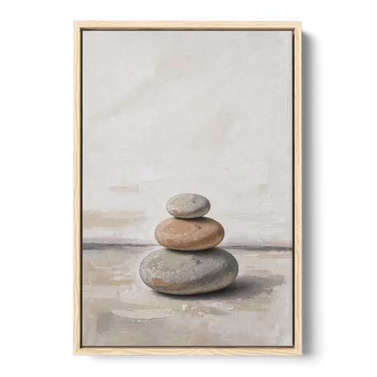 Three Stacked Stones on Pale Dusk Ground - Oak Framed Canvas Wall Art - Front