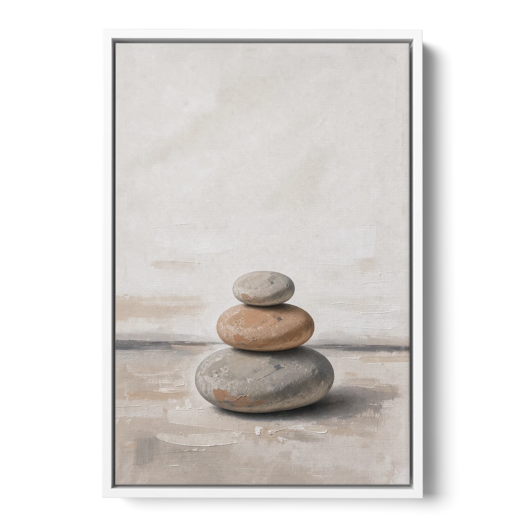 Three Stacked Stones on Pale Dusk Ground - White Framed Canvas Wall Art - Front