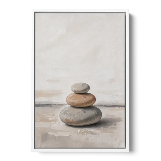 Three Stacked Stones on Pale Dusk Ground - White Framed Canvas Wall Art - Front