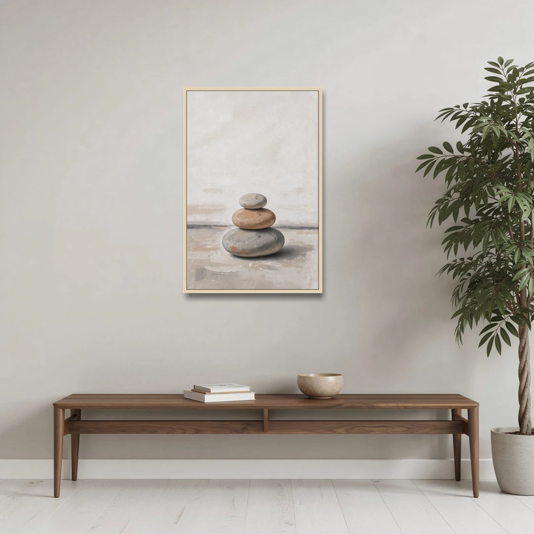 Three Stacked Stones on Pale Dusk Ground - Oak Framed Canvas Wall Art - Coffee Table - 24x36