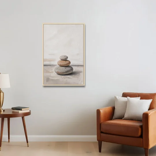 Three Stacked Stones on Pale Dusk Ground - Oak Framed Canvas Wall Art - Sofa - 24x36