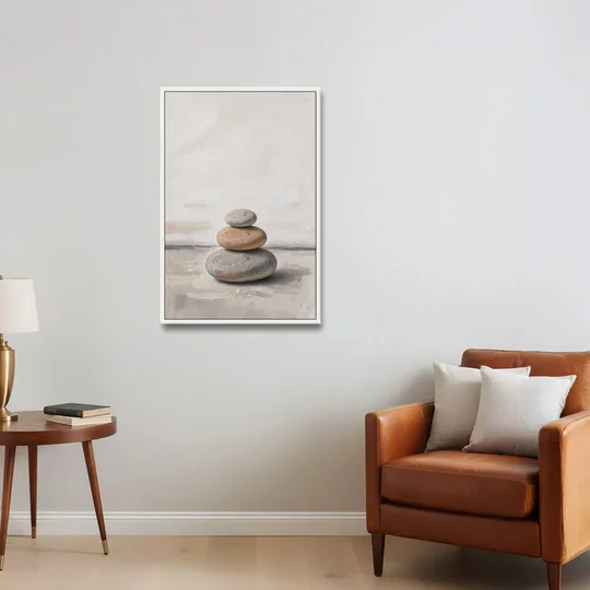 Three Stacked Stones on Pale Dusk Ground - White Framed Canvas Wall Art - Sofa - 24x36