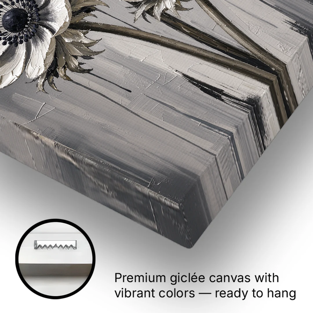 Three White Anemones with Black Centers - Canvas Wall Art - Gallery Wrap Corner