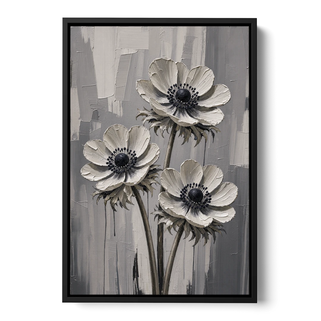 Three White Anemones with Black Centers - Black Framed Canvas Wall Art - Front