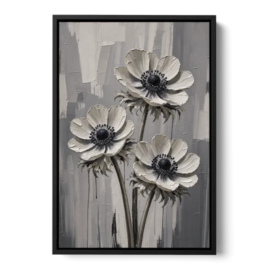 Three White Anemones with Black Centers - Black Framed Canvas Wall Art - Front