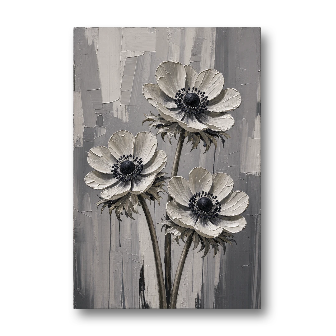 Three White Anemones with Black Centers - Canvas Wall Art - Front