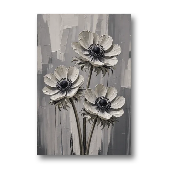 Three White Anemones with Black Centers - Canvas Wall Art - Front