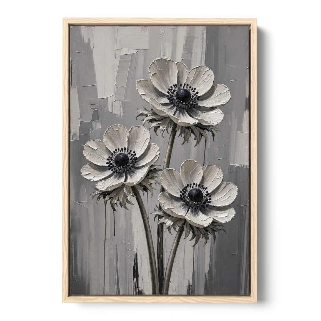 Three White Anemones with Black Centers - Oak Framed Canvas Wall Art - Front