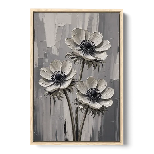 Three White Anemones with Black Centers - Oak Framed Canvas Wall Art - Front