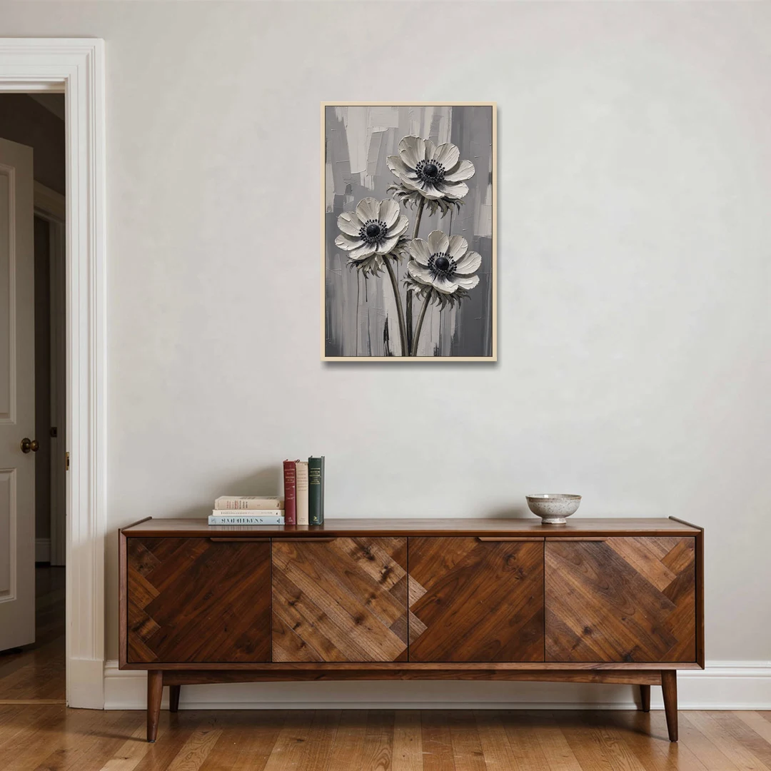 Three White Anemones with Black Centers - Oak Framed Canvas Wall Art - Coffee Table - 24x36