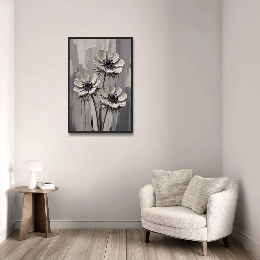 Three White Anemones with Black Centers - Black Framed Canvas Wall Art - Sofa - 24x36