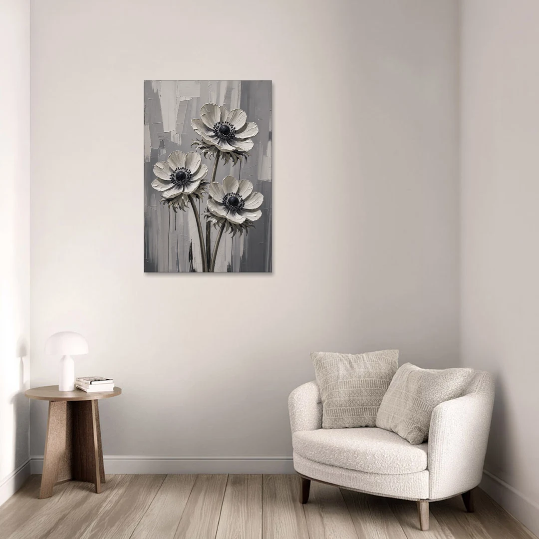 Three White Anemones with Black Centers - Canvas Wall Art - Sofa - 24x36