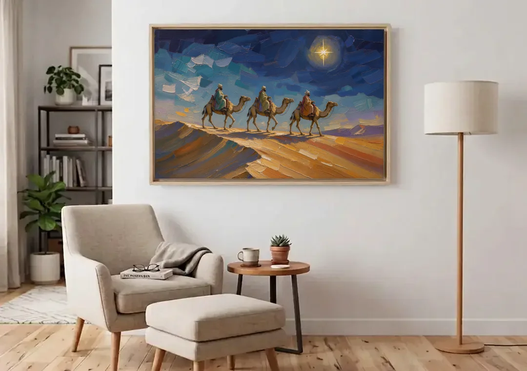 Three Wise Men Painting Along the Dune canvas wall art above an armchair in a bright living room