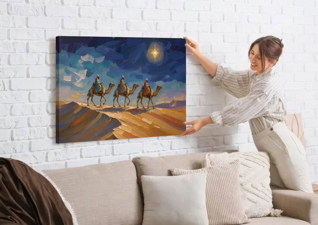 Three Wise Men Painting Along the Dune canvas wall art being hung on a white brick wall above a sofa