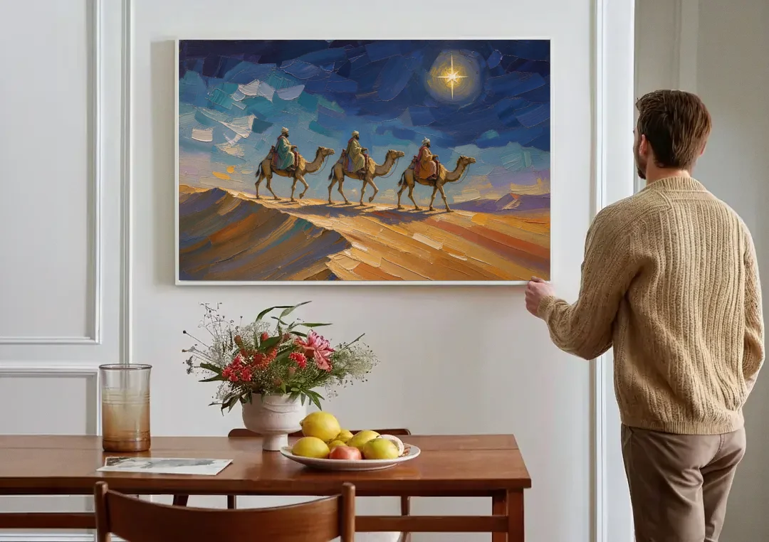 Three Wise Men Painting Along the Dune canvas wall art above a dining table
