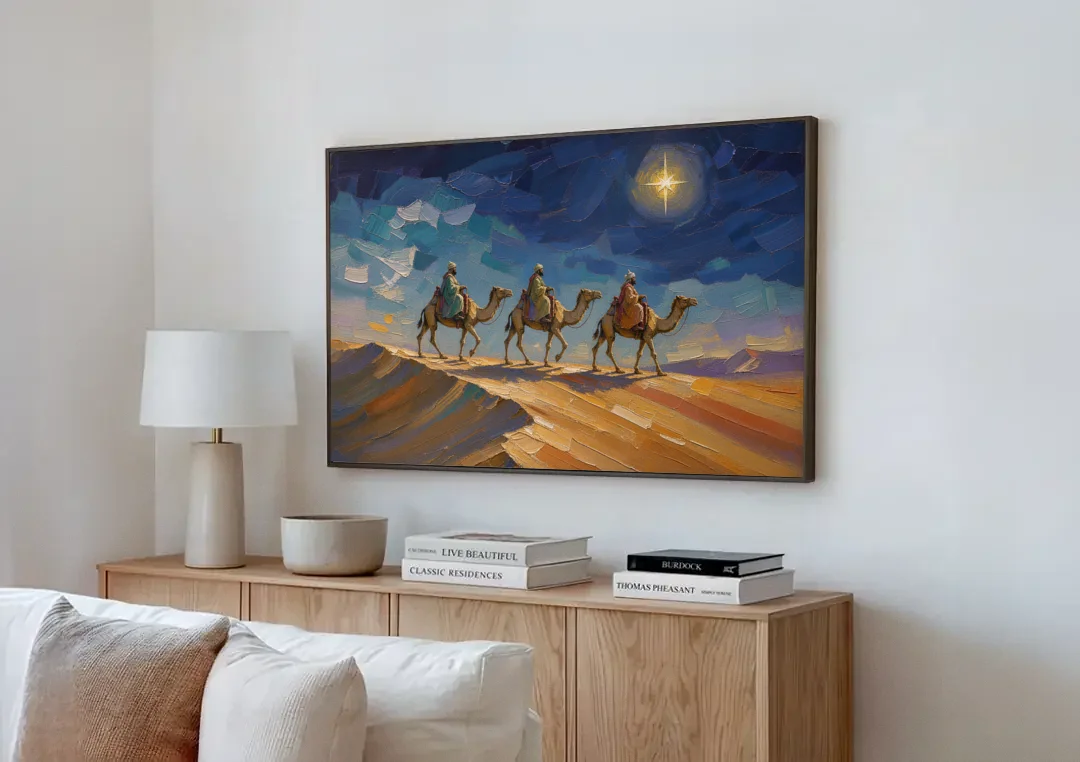 Three Wise Men Painting Along the Dune canvas wall art above a wooden sideboard next to a sofa