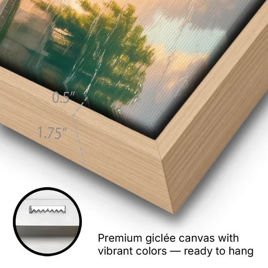 Tiber River Reflections - Oak Framed Canvas Wall Art - Gallery Wrap Corner