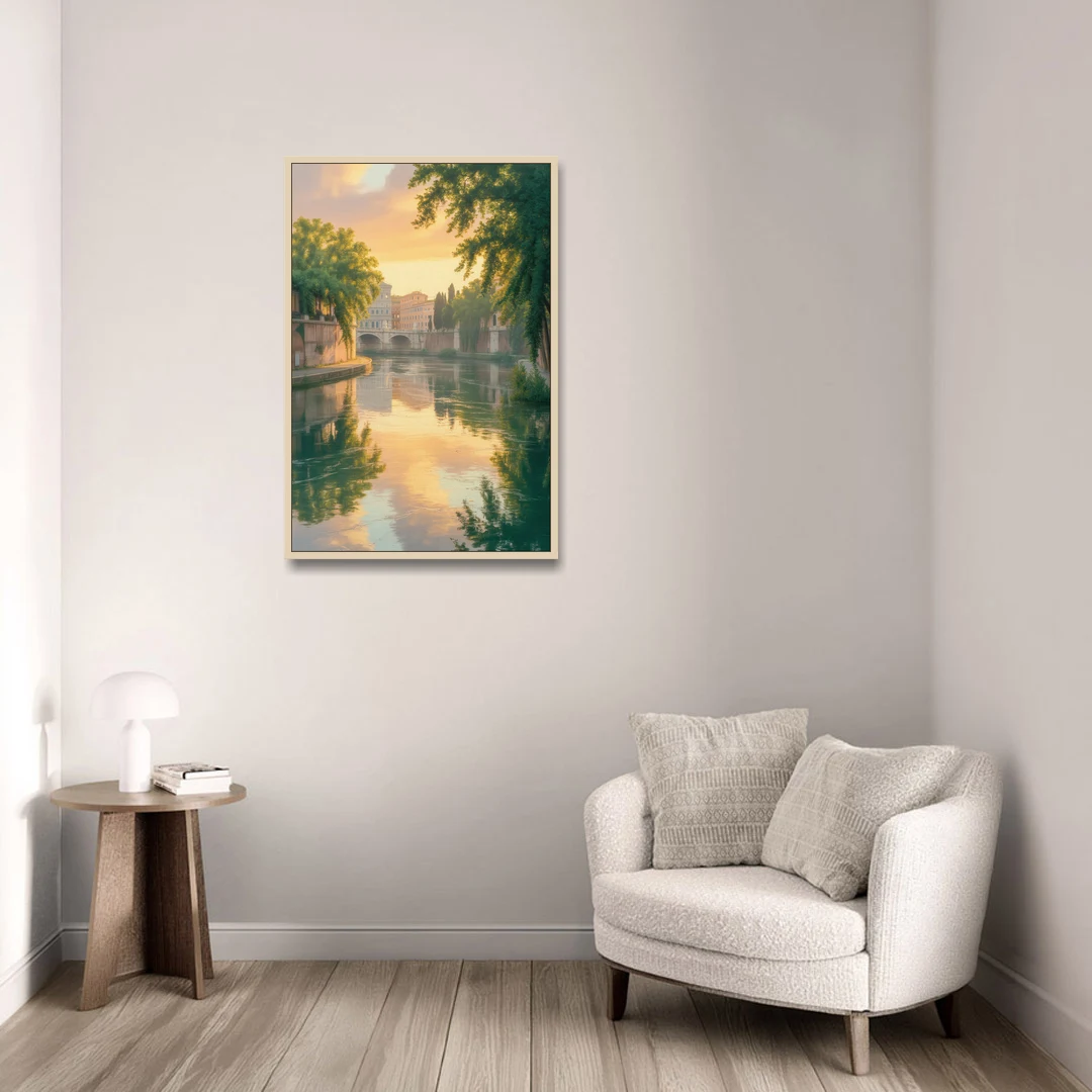 Tiber River Reflections - Oak Framed Canvas Wall Art - Sofa - 24x36