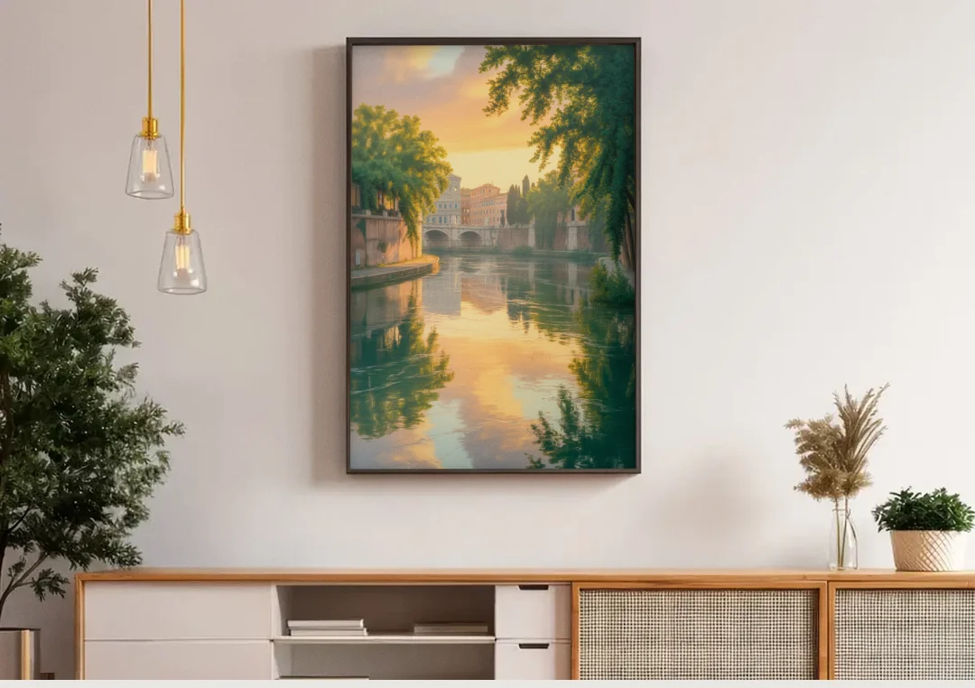 Tiber River Reflections canvas wall art above a wooden sideboard under pendant lights