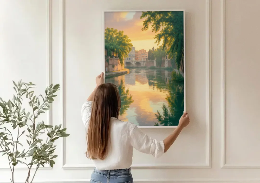 Tiber River Reflections canvas wall art being hung on a paneled wall