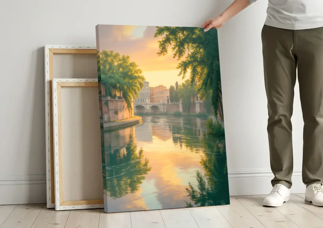 Tiber River Reflections canvas wall art leaning against a wall next to blank canvases