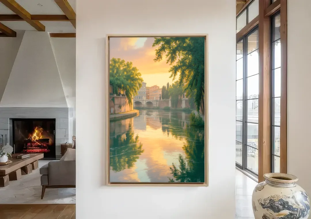 Tiber River Reflections canvas wall art in a living room with a fireplace