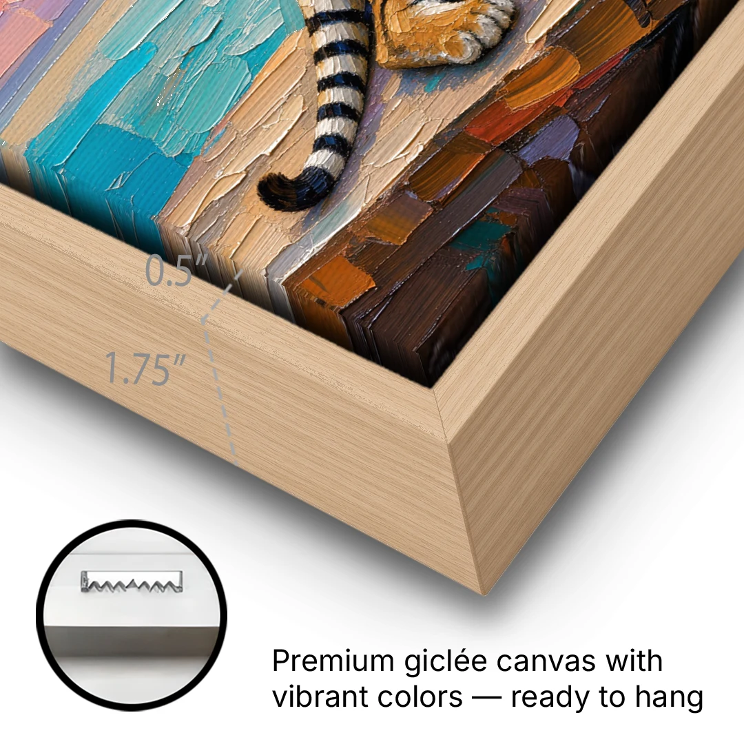 Tiger Art Print on the Sunset Ledge - Oak Framed Canvas Wall Art - Gallery Wrap Corner