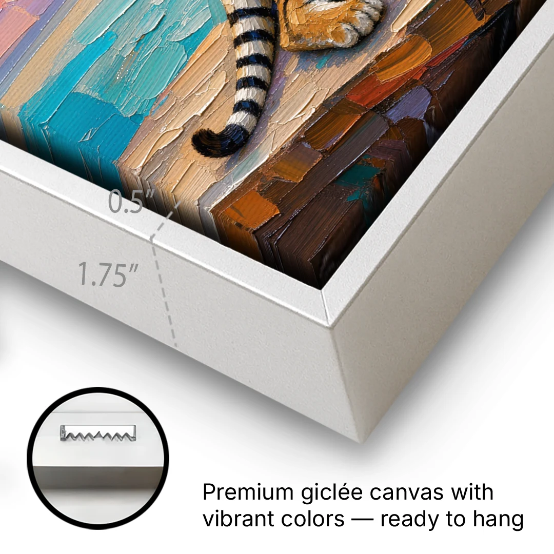 Tiger Art Print on the Sunset Ledge - White Framed Canvas Wall Art - Gallery Wrap Corner