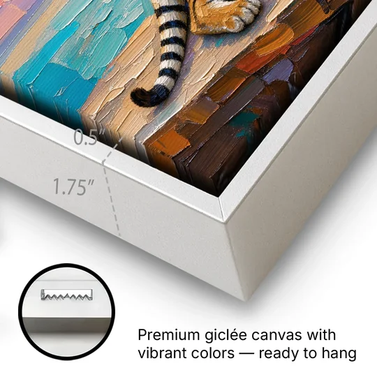Tiger Art Print on the Sunset Ledge - White Framed Canvas Wall Art - Gallery Wrap Corner